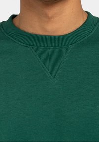 Primo piano di una persona che indossa una felpa verde a girocollo con colletto a coste e dettaglio a coste a forma di V sotto il colletto.