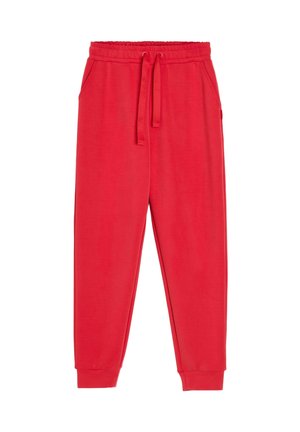 Czerwone casualowe spodnie dresowe z elastycznym pasem, sznurkiem, bocznymi kieszeniami i ściągaczami przy nogawkach.