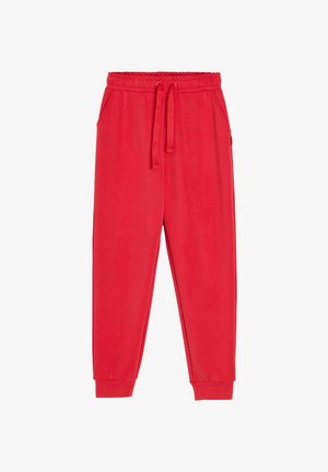 Czerwone casualowe spodnie dresowe z elastycznym pasem, sznurkiem, bocznymi kieszeniami i ściągaczami przy nogawkach.