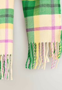 Sciarpa a motivo scozzese con una combinazione di verde, giallo e viola e bordi frangiati. Realizzata in materiale morbido, presenta una finitura testurizzata.
