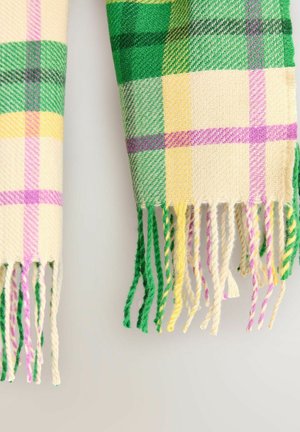 Kariertes Halstuch mit einer Mischung aus Grün, Gelb und Lila, versehen mit Fransen an den Rändern. Hergestellt aus weichem Material mit strukturiertem Finish.