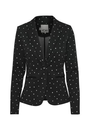 Černý blazer s malými bílými srdíčky, výstřihem do V, dvěma předními kapsami a přiléhavým střihem vyrobený z měkkého materiálu.