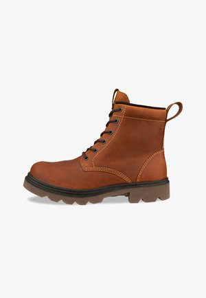 Brown leather boot with a round toe, lace-up front, contrasting stitching, pull tab, and rugged sole design for enhanced traction.