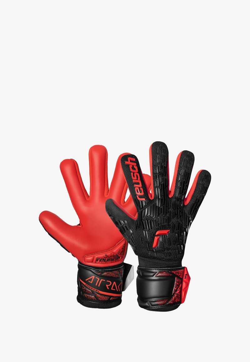 Rote Torwarthandschuhe verfügen über eine glatte Latex-Handfläche und einen strukturierten schwarzen Handrücken mit erhöhten Mustern, verstärktem Handgelenk und verstellbarem Riemen.