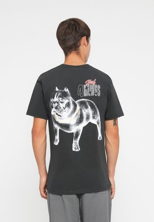 Black t-shirt featuring a white graphic of a bulldog on the back, with the text "Huf 4 the Dogs" in red and gray accents. Short sleeves.