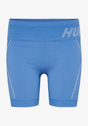Blue athletic shorts with a ribbed texture, elastic waistband, and white accent stitching. Features logo "HUM" on the waistband.