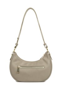 Borsa a mano in pelle beige con forma curva, tasca con zip sul davanti e hardware dorato. Presenta una tracolla singola regolabile.