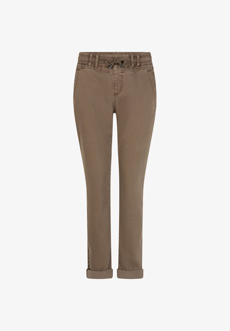 Brune slim-fit bukser med opsmøg, elastisk talje og snorelukning, med sidelommer og bæltestropper.