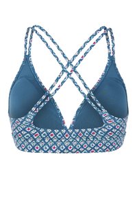 Blauwe geblokte bralette met kruislings bandjes. Heeft een geometrisch ontwerp in marineblauw, wit en roze. Zacht stof met een gladde textuur.