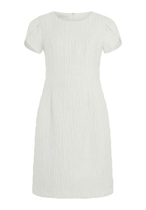 Weißes, kurzärmeliges, strukturiertes knielanges Kleid mit rundem Ausschnitt und Reißverschluss hinten.