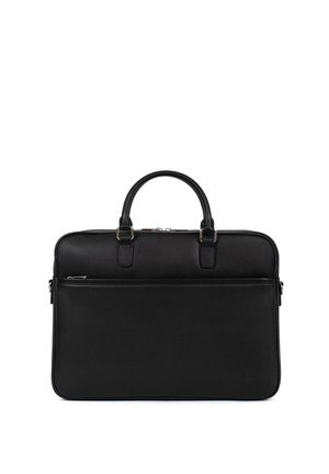 Mallette en cuir noir avec doubles poignées, poche avant zippée et fermeture principale à glissière, conçue pour un usage professionnel.
