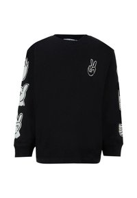 Maglietta nera a maniche lunghe con grafiche bianche di gesti manuali che mostrano segni di pace e pollici alzati sul petto e sulle maniche.