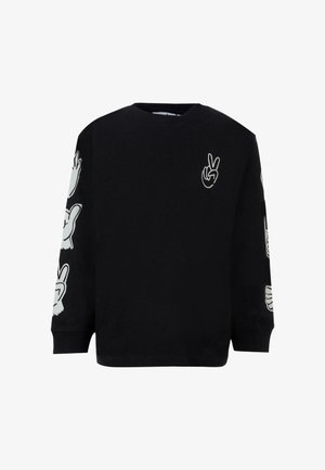 Zwarte langemouwen shirt met witte handgebaar graphics die vredestekens en duimen omhoog tonen op de borst en mouwen.