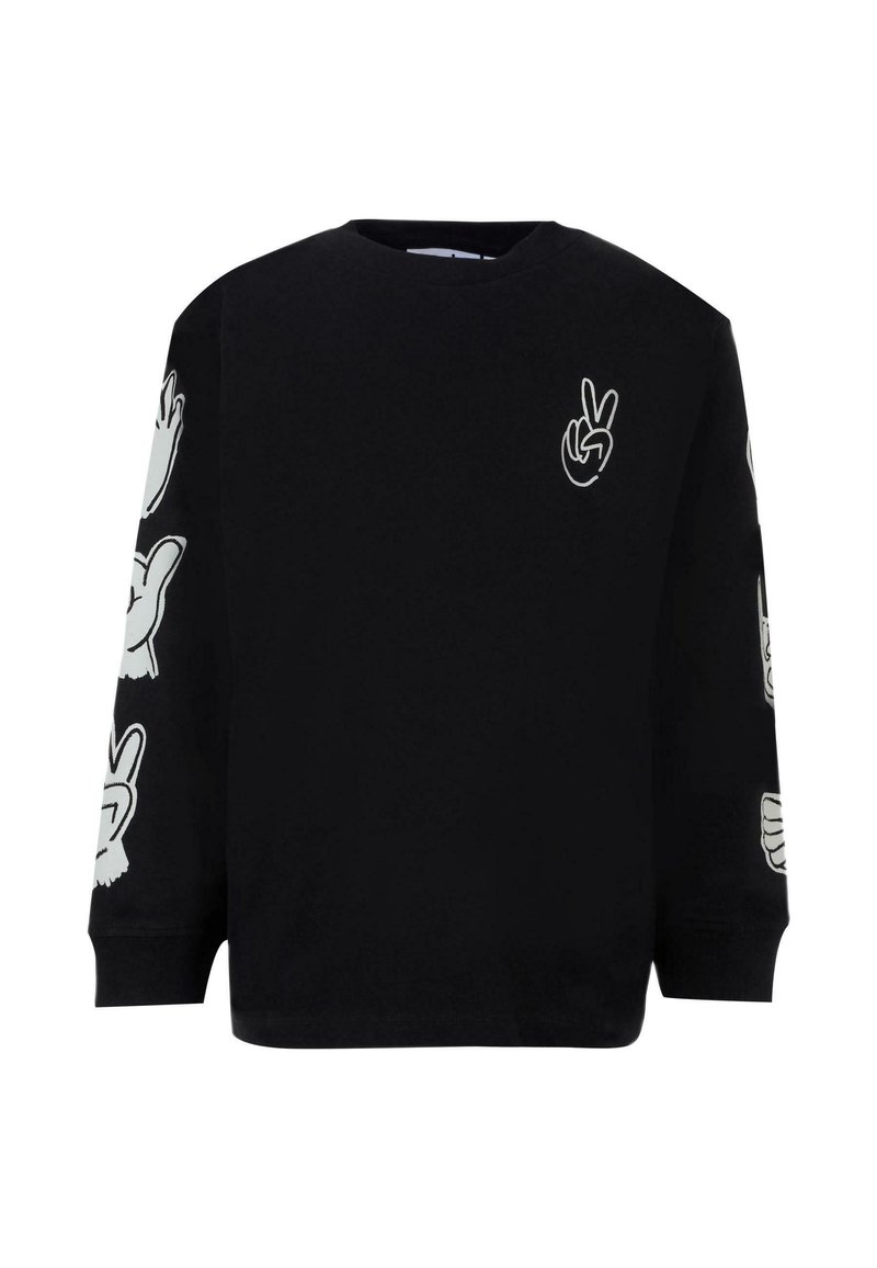 Maglietta nera a maniche lunghe con grafiche bianche di gesti manuali che mostrano segni di pace e pollici alzati sul petto e sulle maniche.