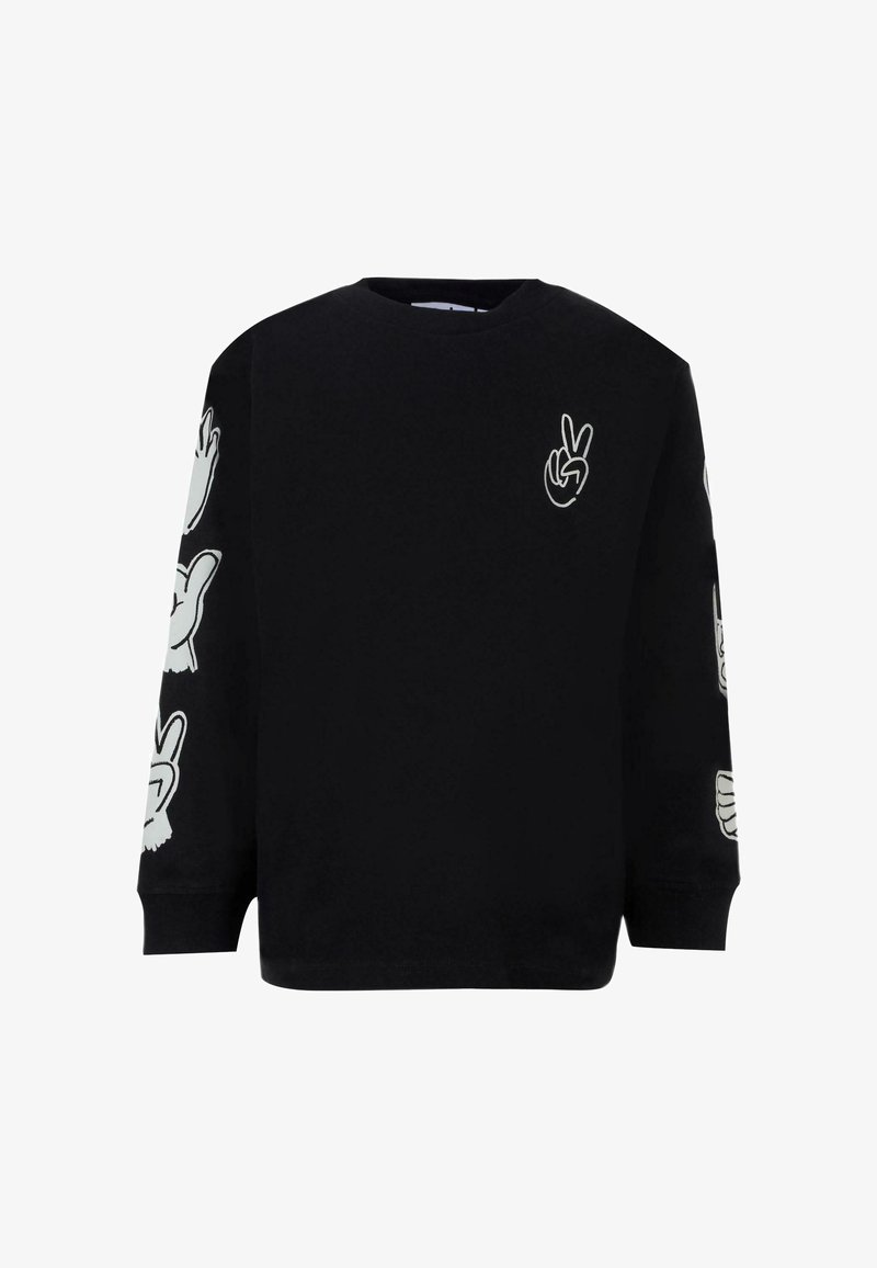 Maglietta nera a maniche lunghe con grafiche bianche di gesti manuali che mostrano segni di pace e pollici alzati sul petto e sulle maniche.