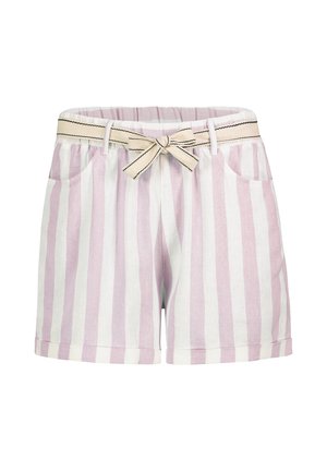 Hoch taillierte Shorts mit vertikalen pinken und weißen Streifen, Seitentaschen, aufgerollten Säumen und einem beigen Stoffgürtel, der an der Taille zu einer Schleife gebunden ist.