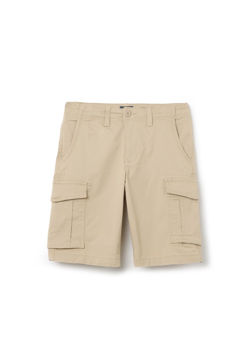 Shorts cargo beiges en coton, dotés de multiples poches latérales, de passants de ceinture à l'avant et d'une fermeture à bouton. Texture lisse et design pratique.