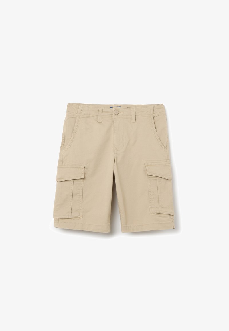 Beige cargoshorts van katoen, met meerdere zijzakken, riemlussen aan de voorkant en een knoopsluiting. Soepele textuur en praktisch ontwerp.