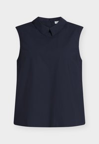 Camicia smanicata blu navy con colletto a punta, realizzata in tessuto liscio. Presenta una vestibilità comoda e cuciture laterali sottili per un design pulito.