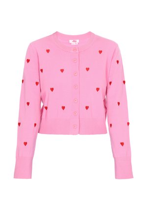 Roze gebreide cardigan met rode hartbrodering, voorzien van een ronde halslijn, knoopsluiting en geribde boorden en zoom.