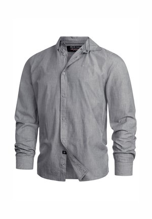 Graues Hemd zum Knöpfen aus leichtem Stoff, mit langen Ärmeln, spitzem Kragen, dezent strukturierter Oberfläche und einem kleinen Logo nahe dem Saum.