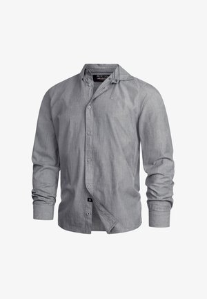 Gray button-up shirt made of lightweight fabric, featuring long sleeves, a pointed collar, subtle texture, and a small logo near the hem.