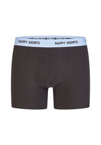 Ciemnobrązowe szorty bokserskie z jasnoniebieskim pasem z napisem "HAPPY SHORTS" w kolorze czarnym. Wykonane z miękkiego, elastycznego materiału.