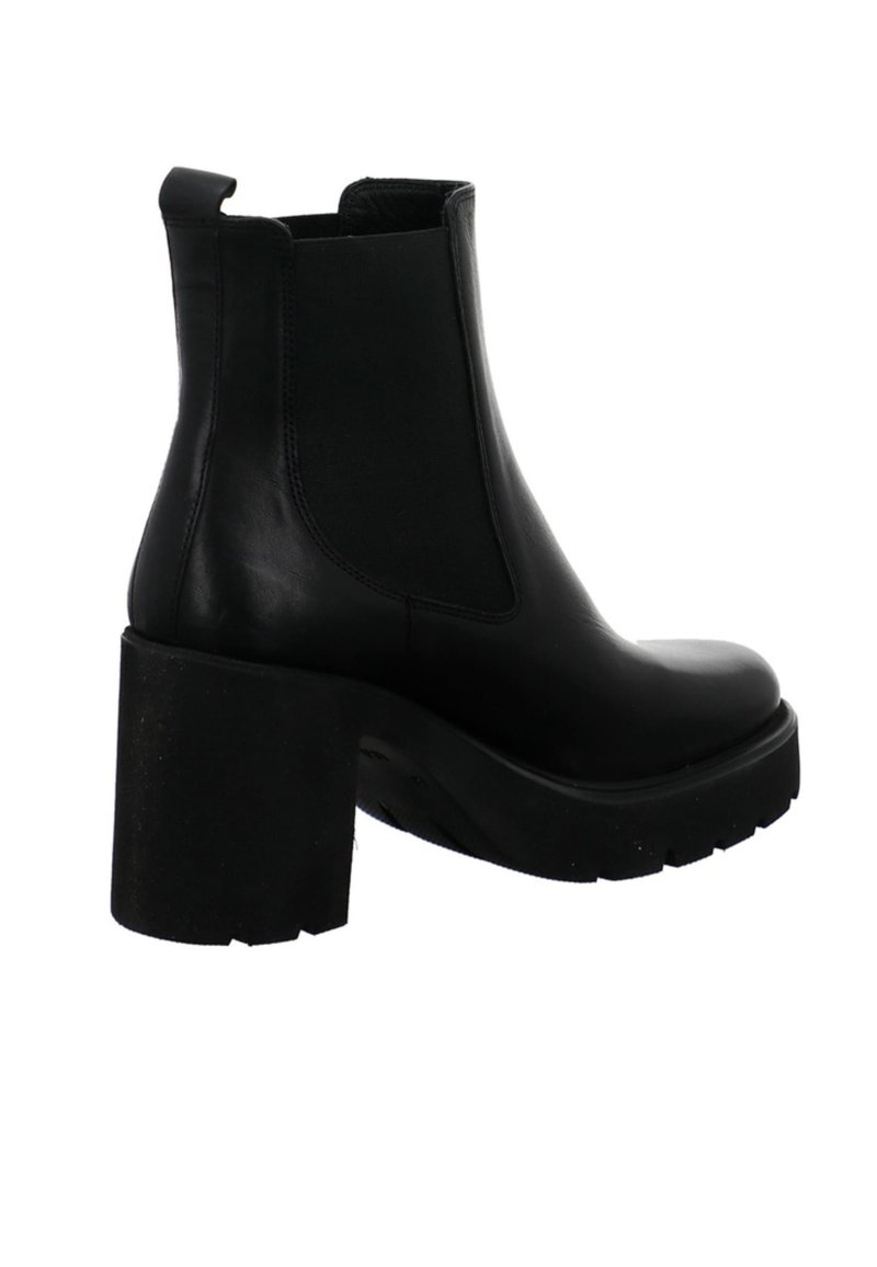 Botas Chelsea de cuero negro con paneles laterales elásticos, tacones altos y gruesos, y una suela de goma texturizada. Diseño elegante y minimalista.