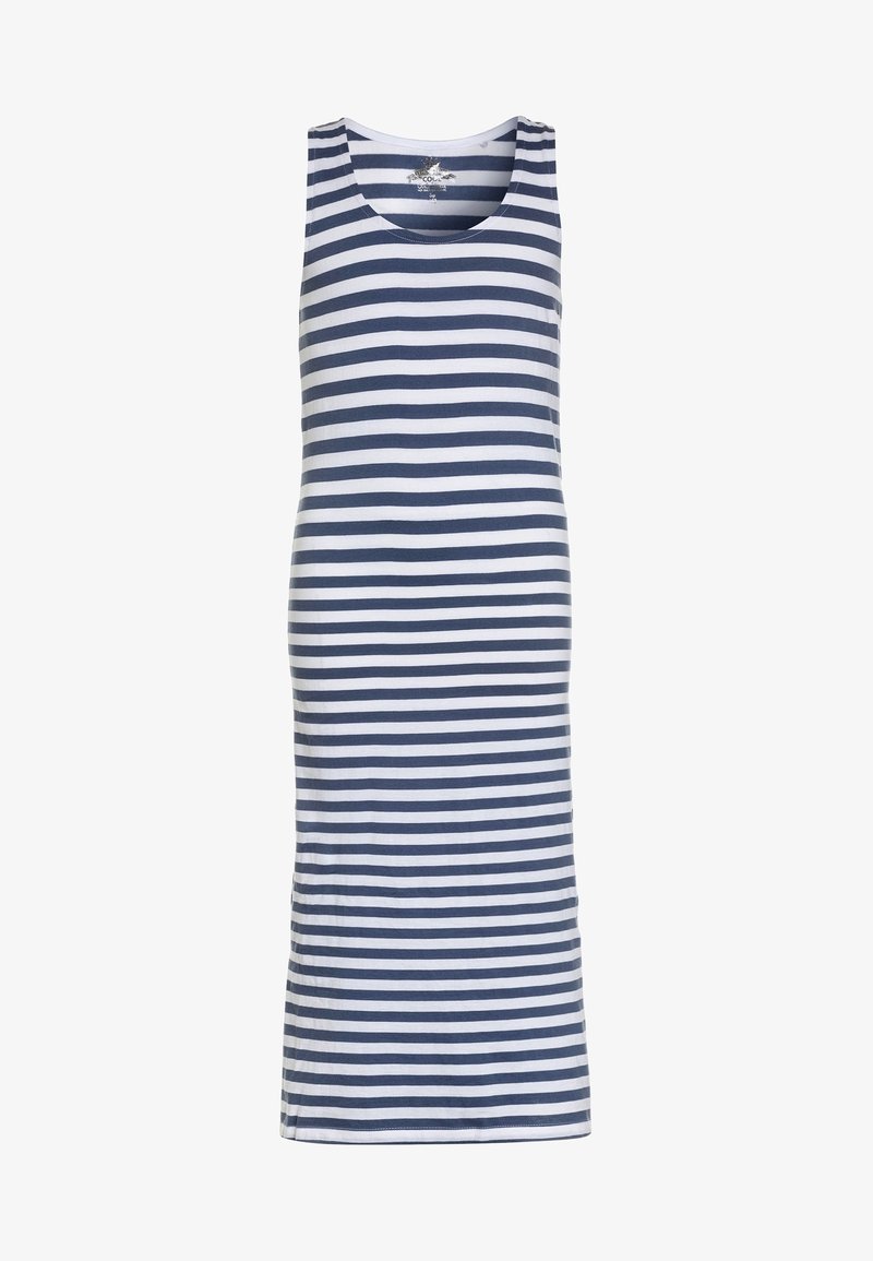 Robe sans manches longueur genou à rayures horizontales bleu marine et blanches, encolure ronde, présentée sur fond blanc.