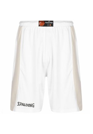 Pantaloni basketball bianchi con pannelli laterali beige, vita elasticizzata e logo "SPALDING" in nero in basso a sinistra. Taglia M.