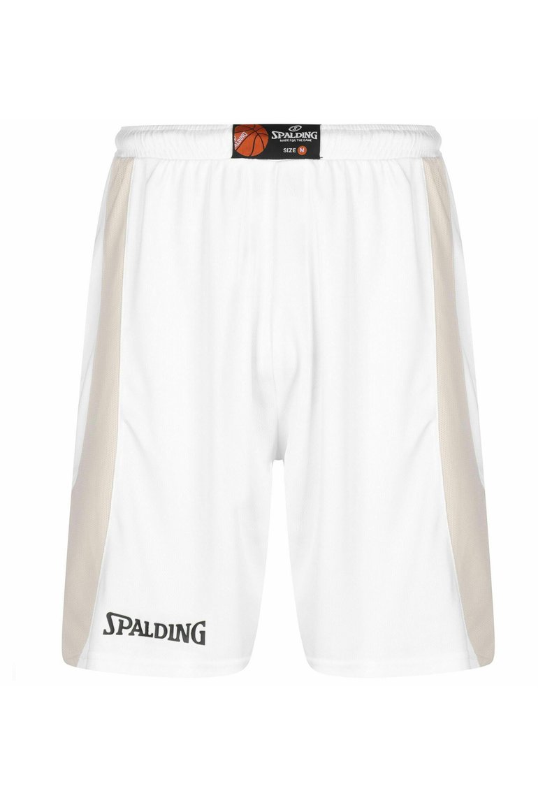 Witte basketbalschorts met beige zijpanelen, elastische tailleband en zwart "SPALDING" logo aan de onderkant links. Maat M.