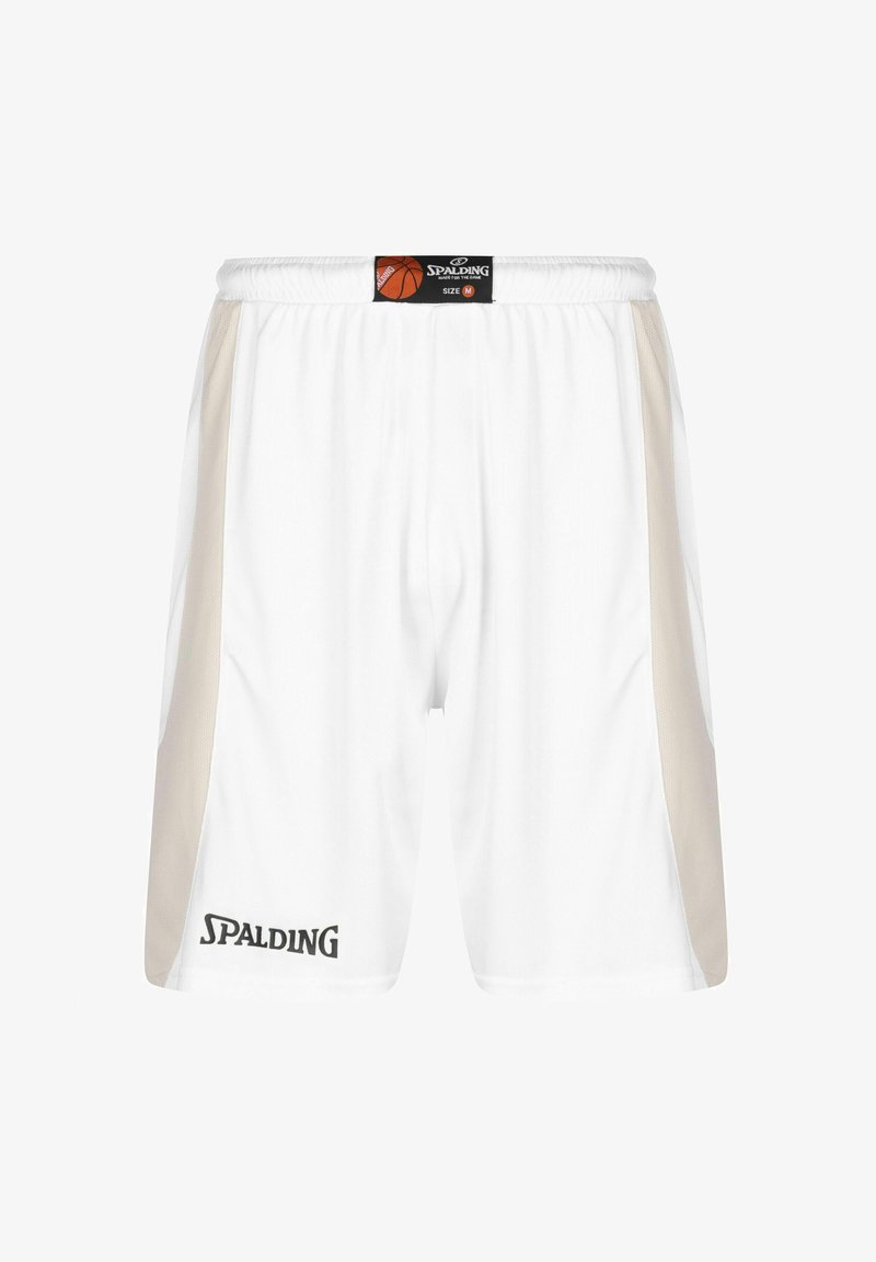 Weiße Basketball-Shorts mit beigen seitlichen Einsätzen, elastischem Bund und schwarz aufgedrucktem "SPALDING"-Logo unten links. Größe M.