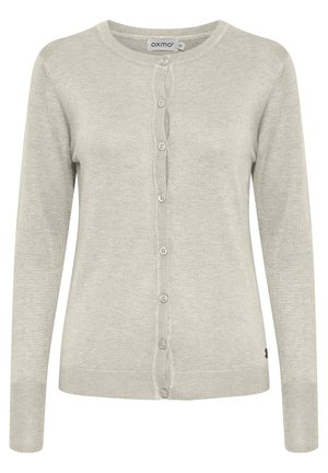 Cardigan grigio chiaro in morbido tessuto a maglia, con scollatura a girocollo, chiusura frontale con bottoni e polsini e orlo a coste.