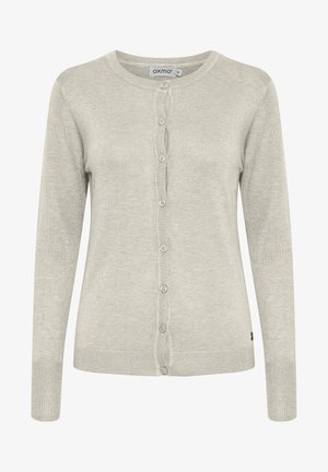 Világosszürke kardigán puha kötött anyagból, kerek nyakkivágással, gombos elülső zárással, valamint bordás mandzsettákkal és szegéllyel.