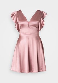 Pink satin dress with a V-neckline, short ruffled sleeves, and a flared skirt. Smooth texture and uniform sheen throughout.