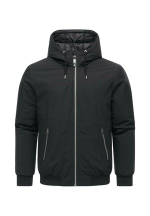 Schwarze gepolsterte Jacke mit Kapuze, Vorderreißverschluss und zwei Seitentaschen. Ausgestattet mit gerippten Bündchen und Saum, aus glattem Material gefertigt.