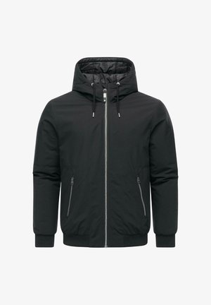 Giacca imbottita nera con cappuccio, zip frontale e due tasche laterali. Presenta polsini e orlo a coste, realizzata in un materiale liscio.