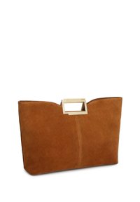 Borsa a mano in suede beige con bordo superiore ondulato, dotata di un accento in hardware gold rettangolare e una texture liscia.