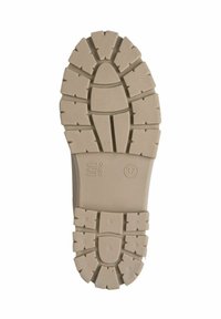Semelle de chaussure en caoutchouc beige avec un motif de semelle rugged, comportant des rainures profondes et des formes variées pour une meilleure adhérence. Taille imprimée sur le côté.