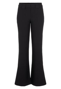 Svarta utsvängda byxor tillverkade av ett slätt tyg, med en åtsittande midja och bältesöglor samt en ren, minimalistisk design.