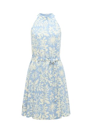 Hihaton vaaleansininen mekko, jossa valkoisia kukka- ja auringonkuvioita, korkea kaulus ja vyötärölle solmittava vyö, polvenpituinen, ilmava helma.