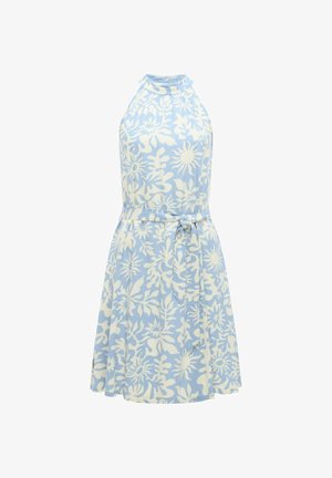 Ärmelloses hellblaues Kleid mit weißen Blumen- und Sonnenmustern, hohem Kragen und gebundenem Taillengürtel, knielang, mit fließendem Rock.