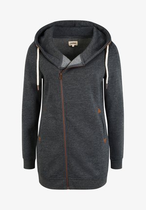 Grijze rits hoodie met een grote capuchon, heeft een contrasterende bruine rits en faux lederen accenten. Gemaakt van zachte, textuurrijke stof.