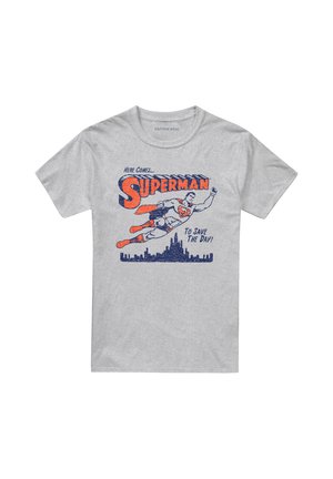 Light gray t-shirt with vintage-style Superman flying graphic, bold orange and blue text, and a city skyline below.
