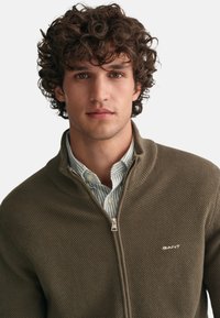Maglioncino con zip di colore verde oliva, in tessuto strutturato con colletto a coste. Indossato sopra una camicia a righe blu chiaro e bianco. Logo sul petto.