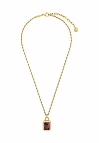 Collana dorata con una catena attorcigliata e un pendente rettangolare in pietra viola. Il gancio include un'estensione della catena regolabile.
