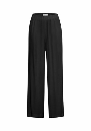 Melnas platās bikses ar brīvu piegriezumu, elastīgu josta un gludu, mīkstu tekstūru. Bez redzamām rakstiem vai akcentiem.