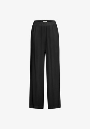 Sorte bukser med bred benvidde, afslappet pasform, elastisk talje og glat, blød tekstur. Ingen synlige mønstre eller detaljer.