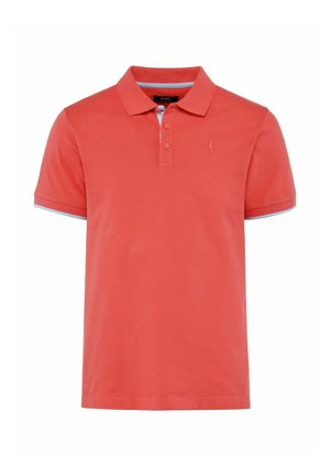 Koszulka polo w kolorze koralowym z klasycznym kołnierzykiem, zapięciem na dwa guziki oraz kontrastującymi niebieskimi paskami na rękawach. Wykonana z bawełny.