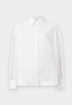 White long-sleeve button-up shirt in a smooth cotton blend. Features a classic collar, front button closure, and rounded cuffs.